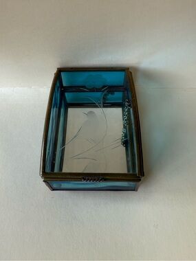 Brass & Etched Bird with Flower Blue & Clear Glass Trinket Box Mirrored Bottom.